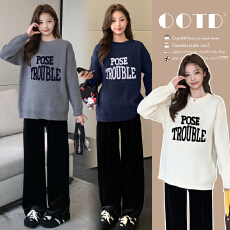 批发实拍孕妇装圆领小熊毛衣秋冬新款慵懒风休闲宽松显瘦<b class='q'>百搭</b>套头上衣