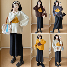 孕妇2025新款秋冬加厚外穿提花套头宽松显瘦毛衣上衣+半身裙套装