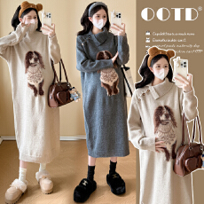 实拍孕妇时尚设计感秋冬新款提花小狗套头加厚针织毛衣孕妇连衣裙