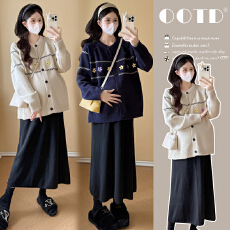 批发实拍2025孕妇秋冬时尚宽松显瘦减龄绣花毛衣开衫外套+半身裙套装