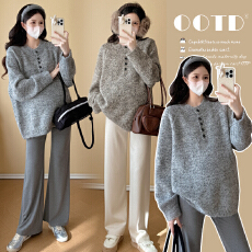 批发实拍2025孕妇装圆领纯色毛衣秋冬新款慵懒风<b class='q'>休闲</b>宽松显瘦百搭上衣