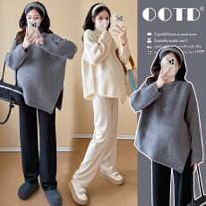 实拍孕妇装毛衣秋冬新款不规则慵懒风宽松显瘦上衣+阔腿裤套装