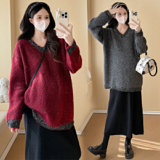 实拍孕妇秋冬时尚宽松休闲显瘦减龄v领亮片加厚毛衣+半身裙套装