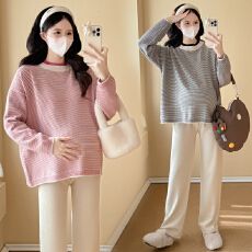 实拍孕妇装条纹毛衣秋冬新款慵懒风休闲宽松显瘦上衣+阔腿裤套装