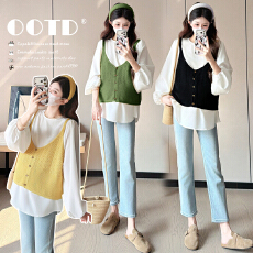 批发实拍2026<b class='q'>春</b>季新款两件套孕妇韩版减龄衬衫+针织吊带娃娃衫上衣