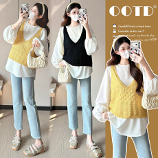 批发实拍2026<b class='q'>春</b>季新款两件套孕妇韩版减龄衬衫+针织吊带娃娃衫上衣