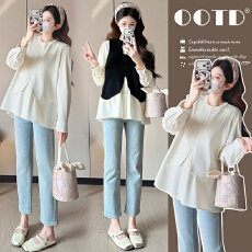 批发实拍新款2026孕妇<b class='q'>春</b>装甜美宽松显瘦长袖娃娃衫减龄百搭假两件上衣