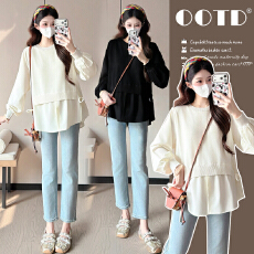 批发实拍新款2026孕妇<b class='q'>春</b>装甜美宽松显瘦长袖娃娃衫百搭减龄假两件上衣