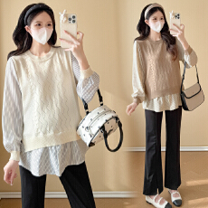 批发实拍新款2026孕妇春装假两件甜美显瘦宽松长袖减龄上衣百搭两件套