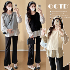 批发实拍新款2026孕妇春装假两件时尚显瘦宽松长袖减龄上衣<b class='q'>百搭</b>两件套