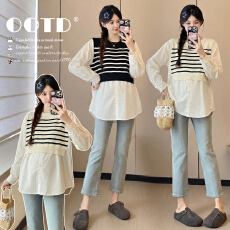 批发实拍新款春装2026孕妇装时尚上衣条纹拼接设计感假两件衬衫娃娃衫