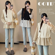 批发实拍新款2026孕妇春装甜美宽松显瘦长袖娃娃衫百搭减龄假两件上衣