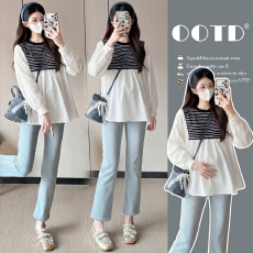 批发实拍春装新款2026<b class='q'>孕妇装</b>时尚上衣拼接设计感假两件衬衫<b class='q'>百搭</b>娃娃衫