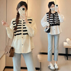 批发实拍新款2026<b class='q'>孕妇</b><b class='q'>春装</b>甜美宽松显瘦长袖娃娃衫减龄百搭假两件<b class='q'>上衣</b>