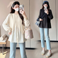 批发实拍新款2026孕妇<b class='q'>春</b>装甜美宽松显瘦长袖娃娃衫百搭减龄假两件上衣