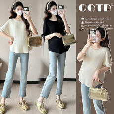 批发实拍2026新款孕妇装圆领夏装纯款针织时尚大方宽松百搭上衣