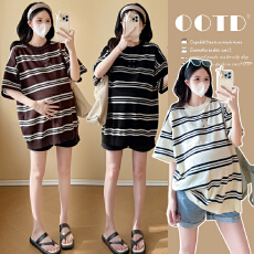 批发实拍 2026孕妇夏季新款短袖高级感百搭宽松显瘦简约针织条纹上衣