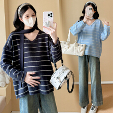 批发实拍孕妇装条纹V领毛衣秋冬新款慵懒风休闲宽松显瘦<b class='q'>百搭</b>套头上衣