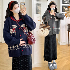 批发实拍孕妇秋冬时尚宽松显瘦减龄毛衣开衫百搭外套+调节半身裙套装