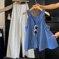 批发克莱因蓝色荷叶边V领吊带背心女夏季外穿宽松显瘦无袖<b class='q'>衬衫</b>上衣潮