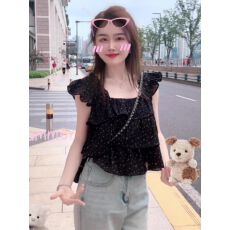 批发法式甜美波点小飞袖<b class='q'>衬衫</b>女夏季设计感减龄方领雪纺娃娃衫短款上衣
