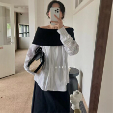 批发2025秋季新款气质风高级设计感条纹一字肩长袖露肩显瘦衬衫女