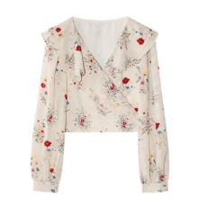 批发25秋法式烂漫减龄短款绑带<b class='q'>碎花</b>荷叶边<b class='q'>衬衣</b>女