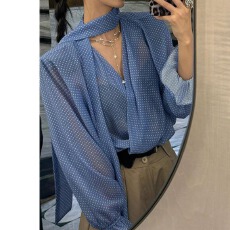 批发春夏新款薄款法式性感气质长袖上衣飘带V领蓝色波点<b class='q'>衬衫</b><b class='q'>衬衣</b>女装