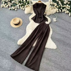 批发轻奢<b class='q'>时尚</b>套装女夏季设计感绑带西装领上衣高腰阔西服裤两件套