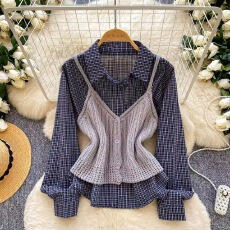 批发新款复古格子Polo领长袖<b class='q'>衬衫</b>女针织吊带马甲时尚两件套装