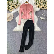 批发<b class='q'>欧美</b>风时尚拉链立领长袖防晒衫外套+高腰显瘦秀长腿小脚裤两件套