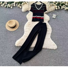 批发时尚<b class='q'>套装</b><b class='q'>女</b>春夏宽松休闲撞色圆领短袖针织上衣高腰显瘦阔腿直筒裤