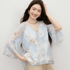 批发甜美<b class='q'>碎花</b>衬衫2026夏季新款女装串珠荷叶边七分袖V领雪纺<b class='q'>衫</b>