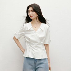 批发红袖白色衬衫2026<b class='q'>夏</b>季新款女装正肩斜门襟系带收腰翻领显瘦短上衣