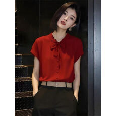 批发法式复古红色<b class='q'>短袖</b><b class='q'>衬衫女</b>2026夏季新款蝴蝶结系带通勤上衣减龄百搭