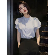 批发法式荷叶边<b class='q'>短袖</b><b class='q'>衬衫女</b>2026夏季新款蓝色立领修身显瘦百搭气质上衣