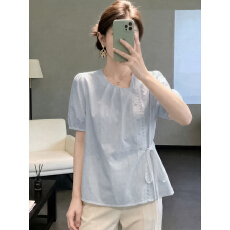 批发2026夏装新款韩系甜美设计感拼花边侧系带宽松大码蓝色短袖衬衫
