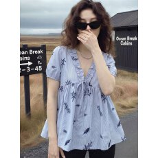 批发2026新款韩系夏季气质法式木耳边短袖衬衫女<b class='q'>大码</b>显瘦系带百搭<b class='q'>上衣</b>