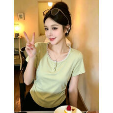 大码女装～蕾丝花边收腰短袖T恤2026夏季新款元气少女感穿搭上衣