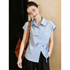 大码女装～韩版修身翻领短袖衬衫2026夏季新款显瘦绑带设计感上衣
