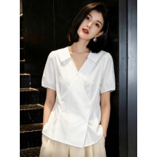 大码女装～V领短袖衬衫女2026夏季新款收腰显瘦通勤减龄上衣