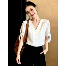 批发大码女装～法式高级感V领短袖夏款单排扣蝴蝶结袖镂空百搭衬衫