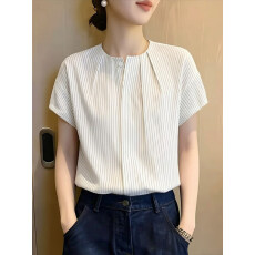 批发大码女装～法式条纹短袖衬衫<b class='q'>夏</b>季新款宽松减龄显瘦设计感褶皱衬衣