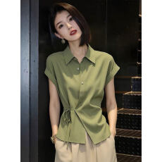 批发大码女装～翻领短袖衬衫2026夏季新款系带设计感收腰<b class='q'>通勤</b>上衣