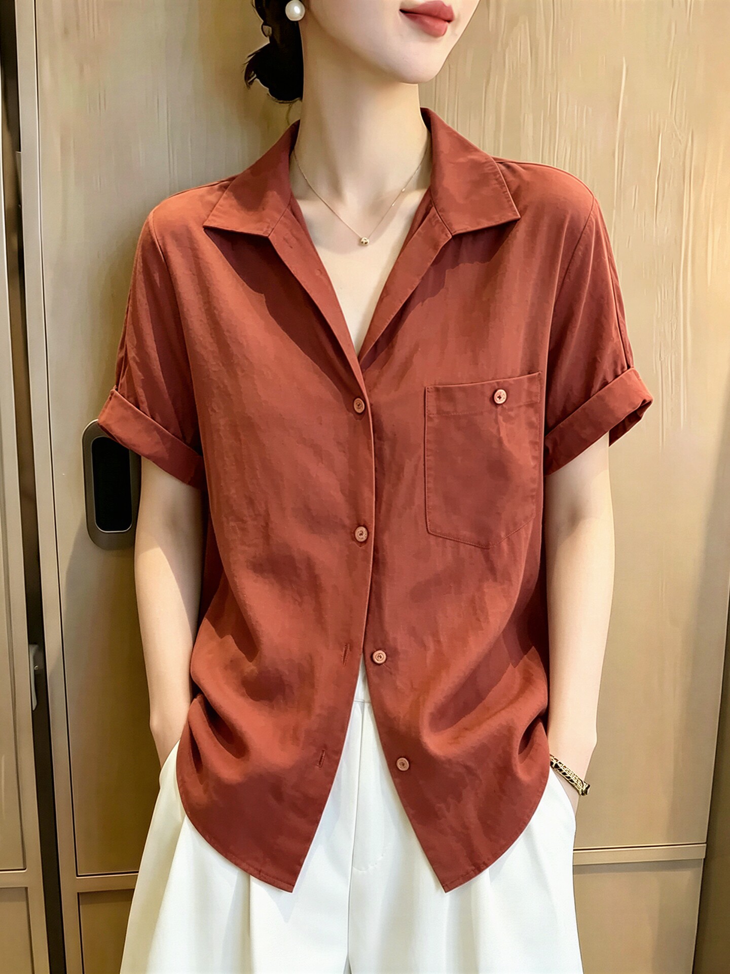 RY7482# 大码女装～短袖衬衫女2026新款韩版时尚宽松翻领洋气设计上衣