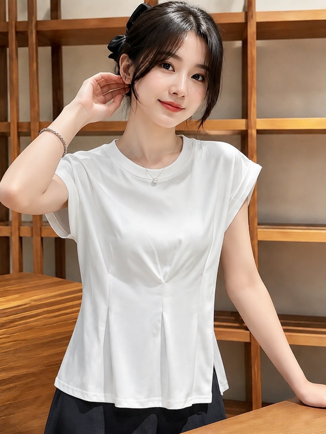 RY7478# 大码女装～圆领正肩修身T恤夏季小众设计感百搭气质优雅短袖上衣