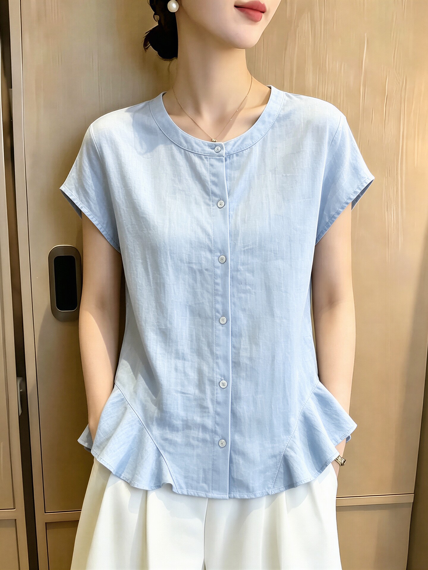 RY7476# 大码女装～韩式简约风荷叶边短袖衬衫女2026夏季显瘦百搭圆领上衣