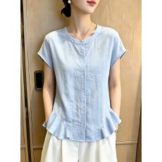 批发大码女装～韩式简约风荷叶边短袖衬衫女2026<b class='q'>夏</b>季显瘦百搭圆领上衣