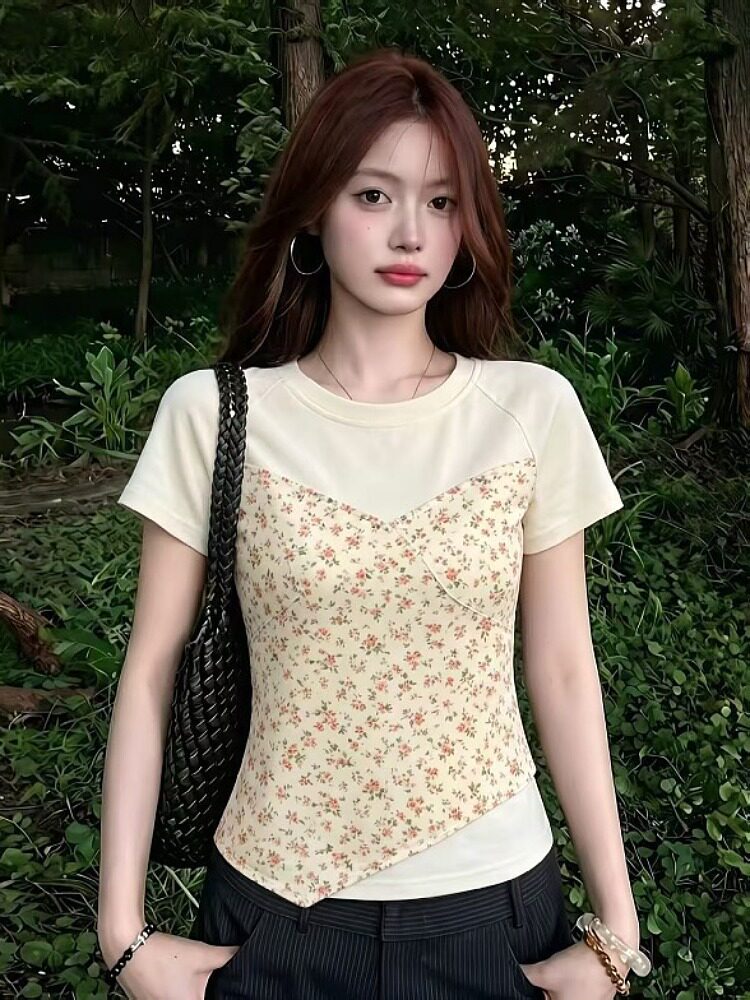 RY7475# 大码女装～温柔风碎花拼接短袖T恤2026夏季显瘦气质短款正肩上衣
