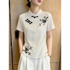 批发大码<b class='q'>女</b>装～夏季流行新中式复古立领盘扣花朵印花短袖衬衫国风上衣